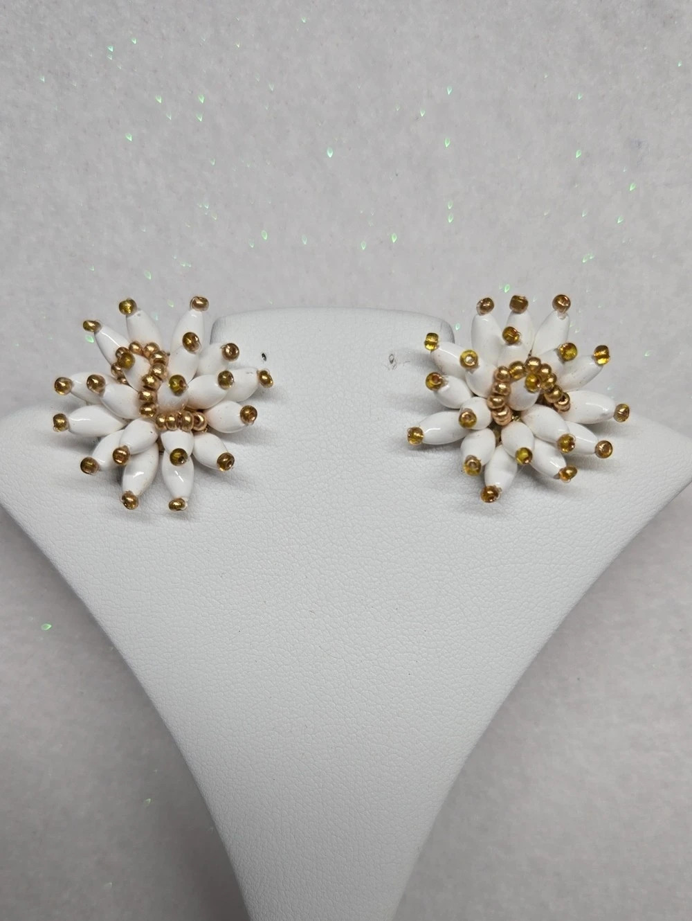 White & Gold Flower Clip-On Earrings Like New